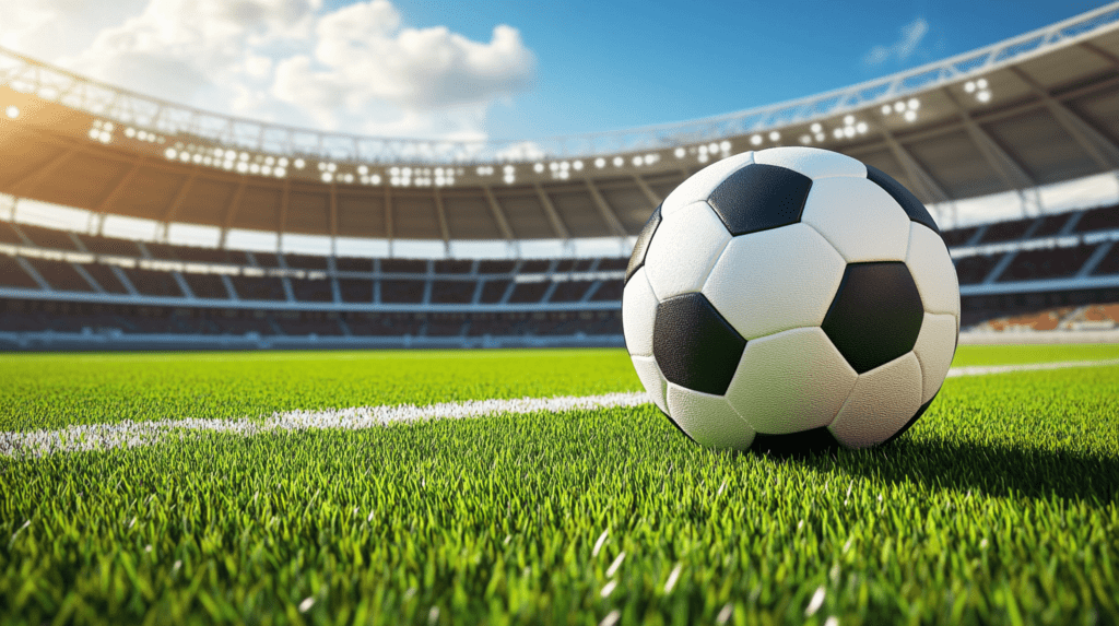 Ballon de foot sur l'herbe, dans un stade.